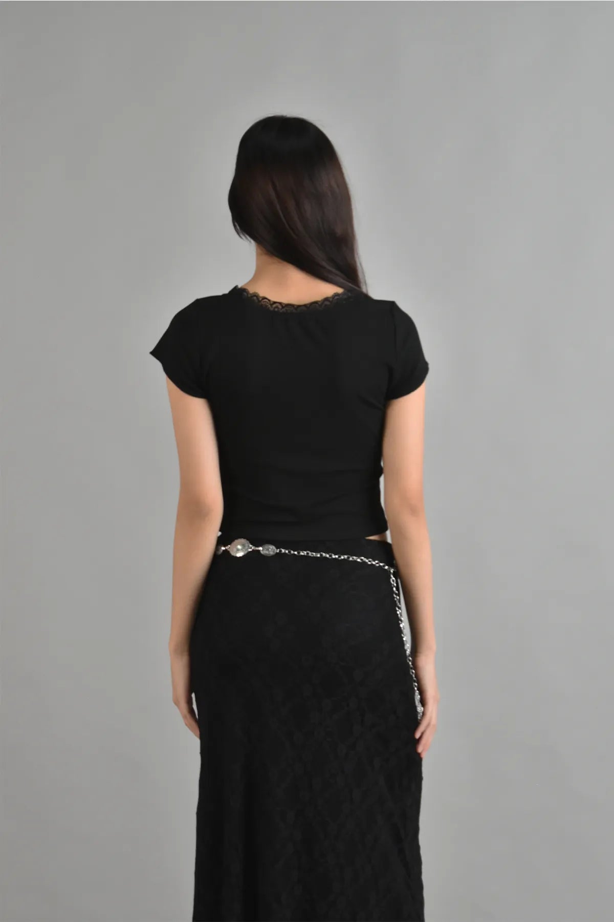 Jonah Lace Trim Cropped Baby Tee in Black