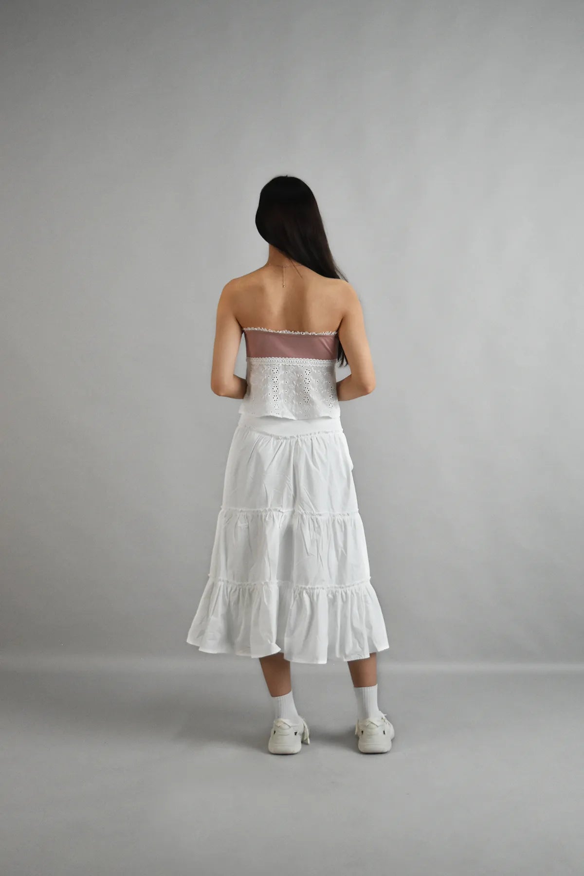 Clemence Lace Ribbon Tube Top in Dark Pink