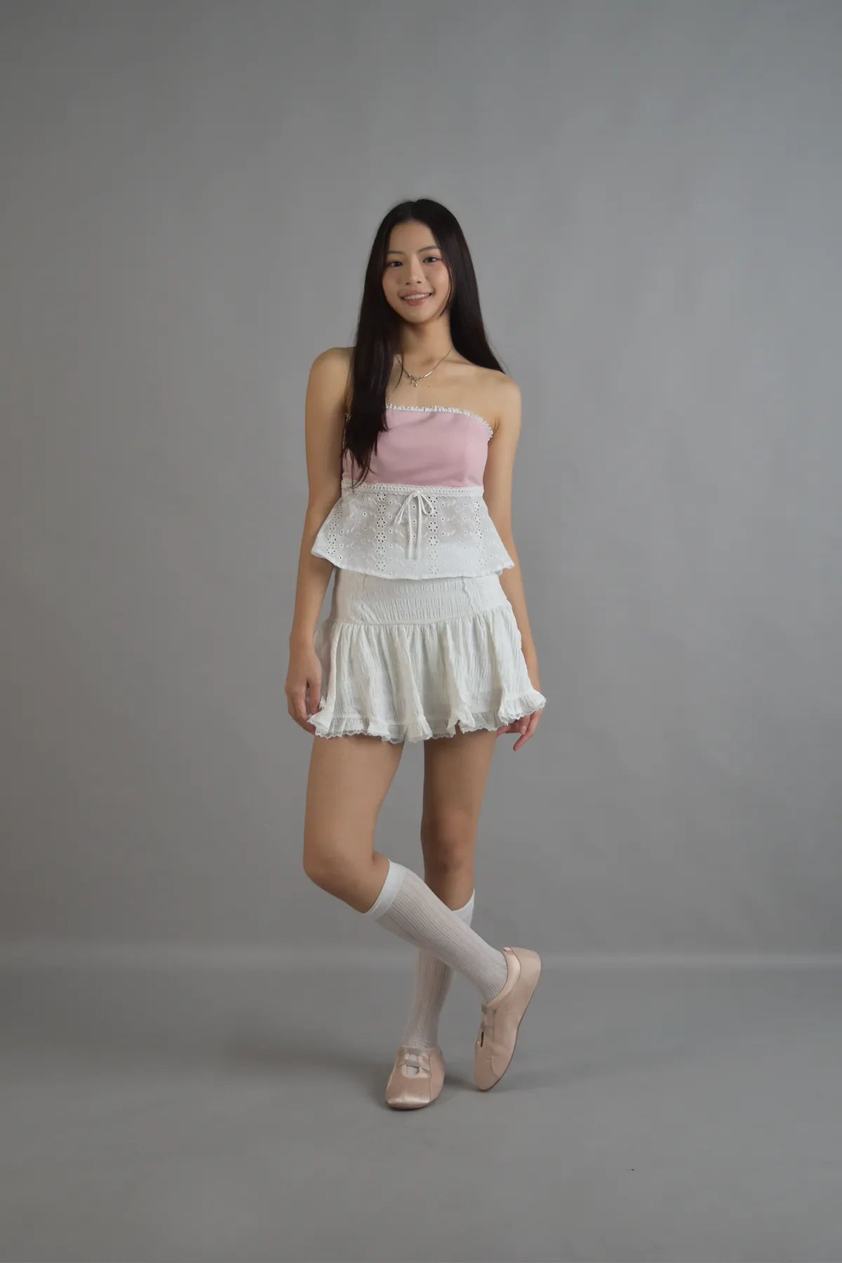 Clemence Lace Ribbon Tube Top in Light Pink