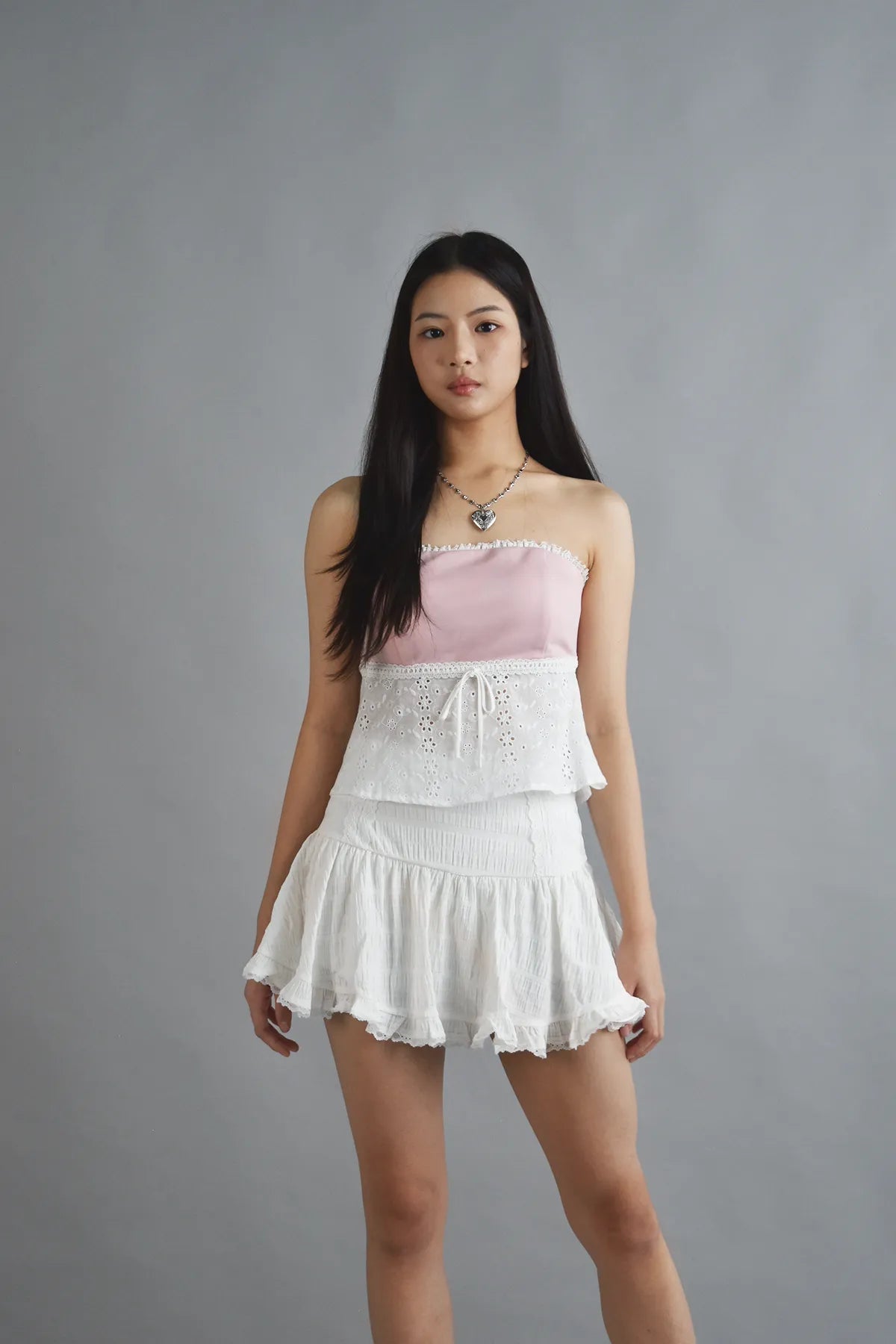 Clemence Lace Ribbon Tube Top in Light Pink