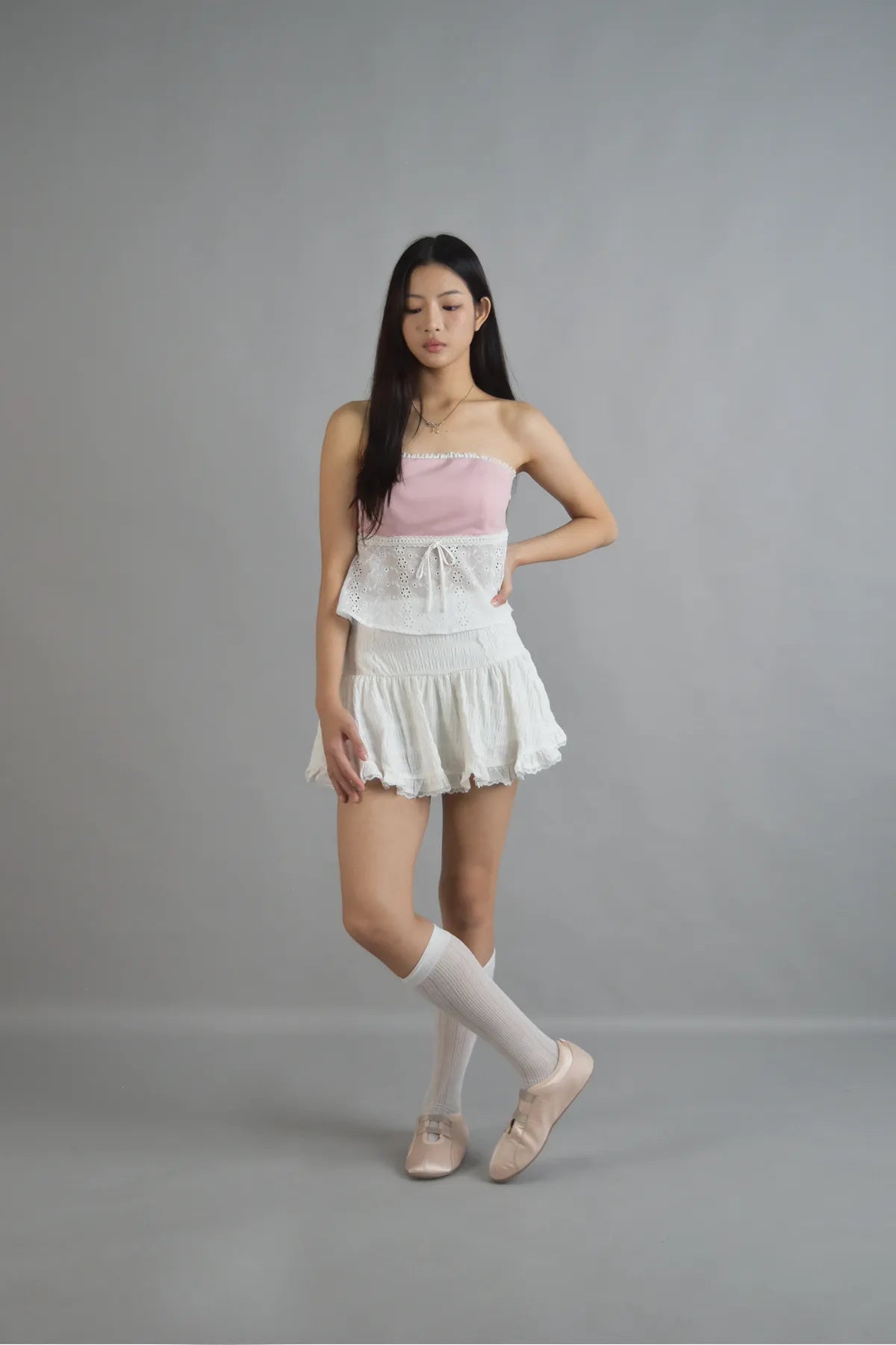 Clemence Lace Ribbon Tube Top in Light Pink