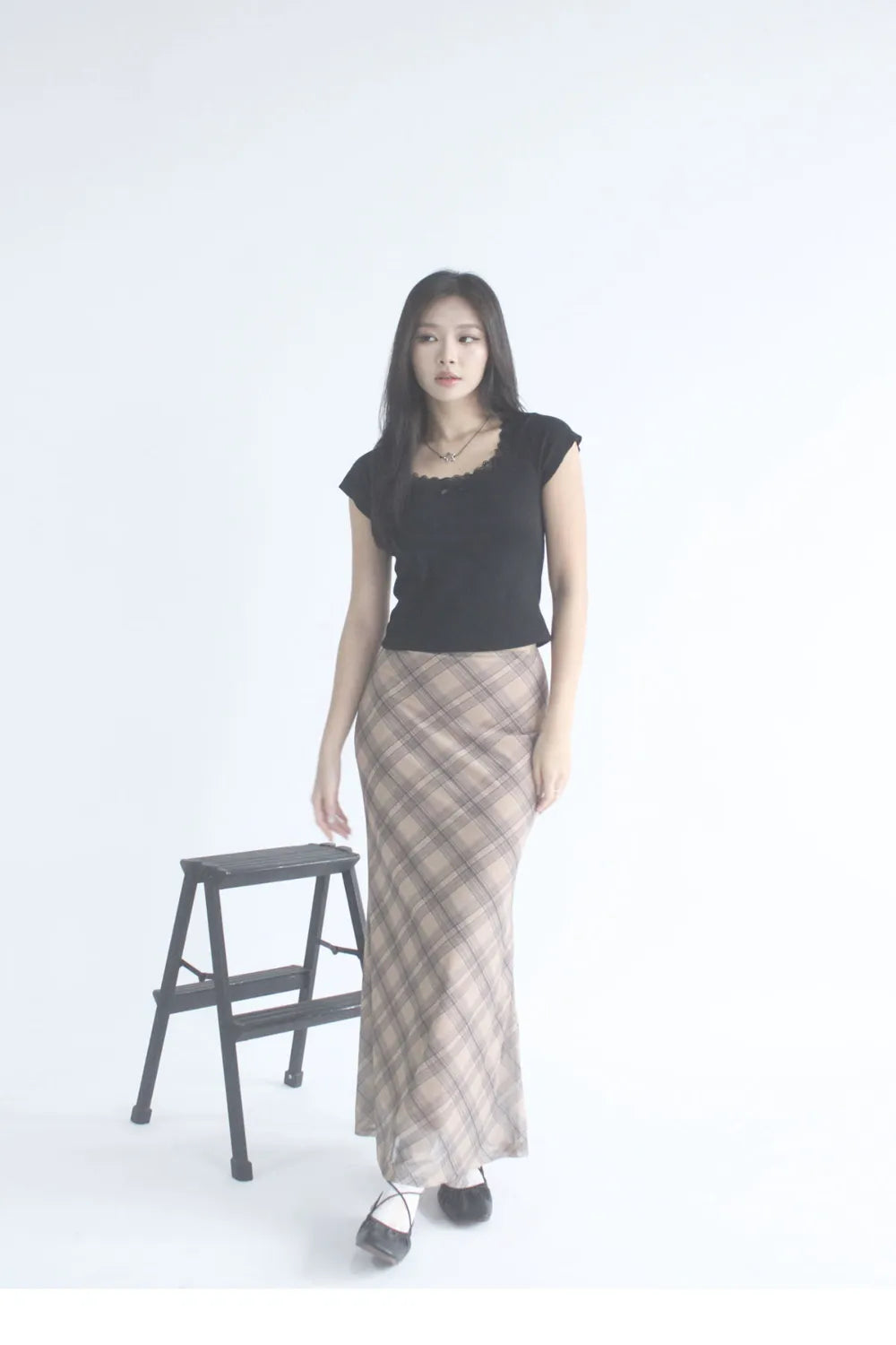 Darcy Elastic Waist Long Plaid Skirt
