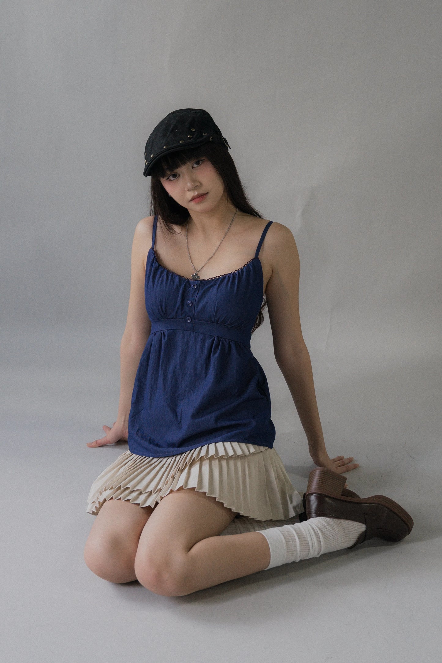 Sydney Scallop Trim Padded Button Tank Top