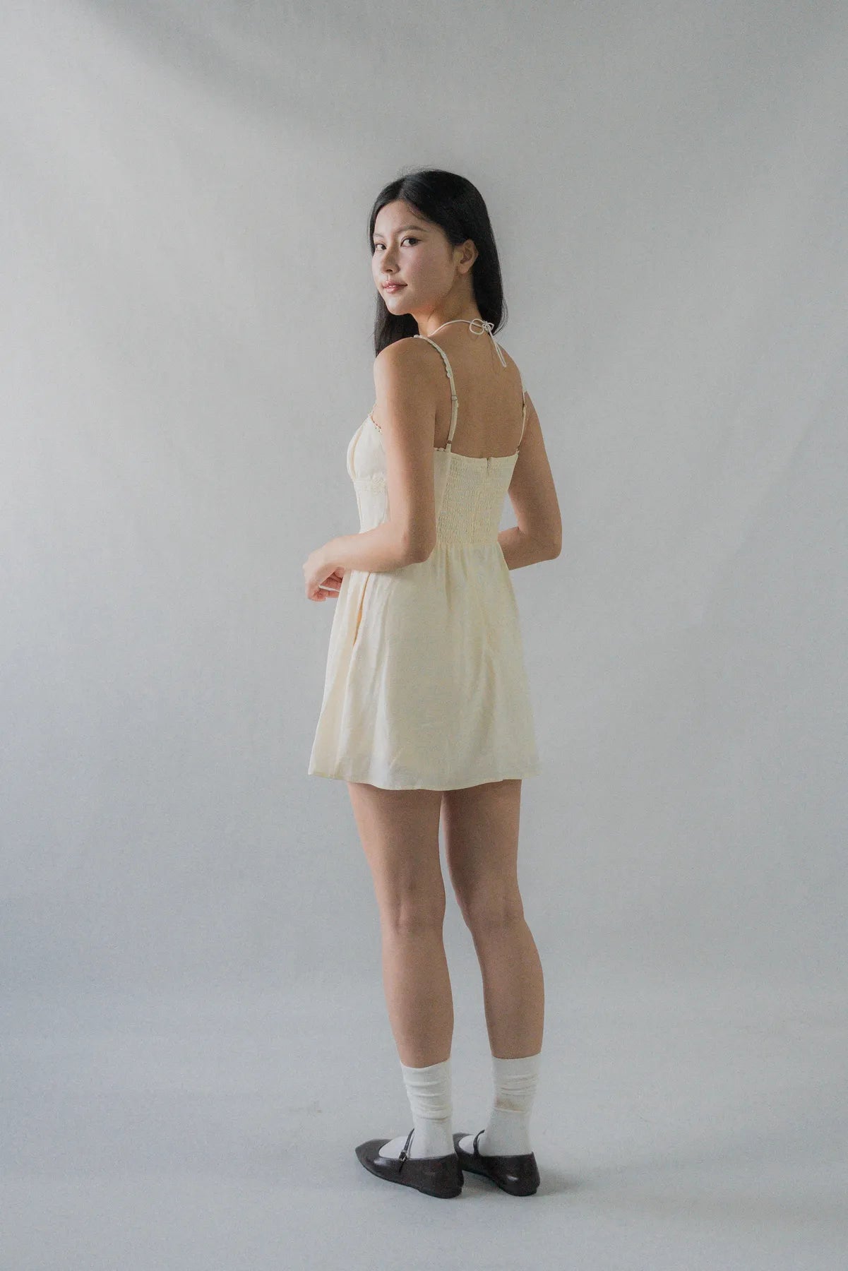 (Backorder) Elysia Ribbon Pintuck Padded Mini Romper Dress