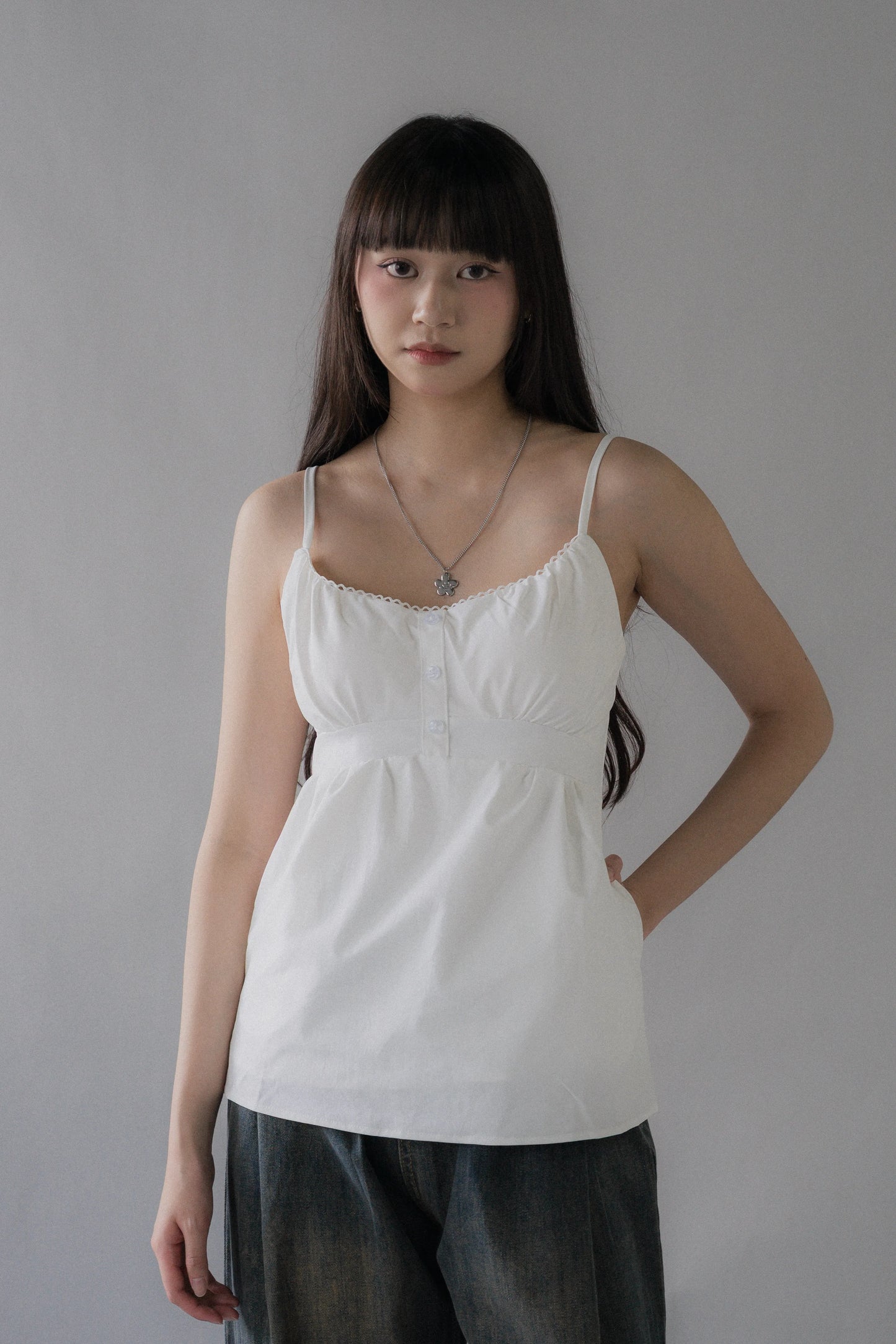 Sydney Scallop Trim Padded Button Tank Top