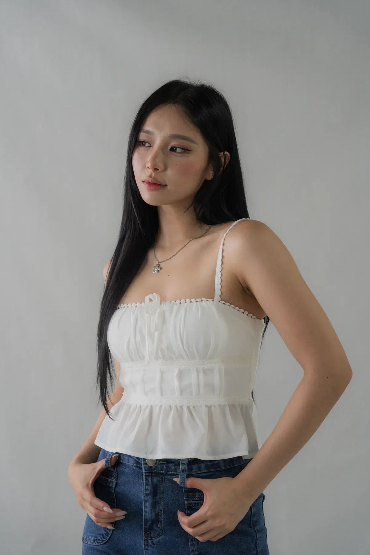 Ellie Ribbon Pintuck Padded Babydoll Top