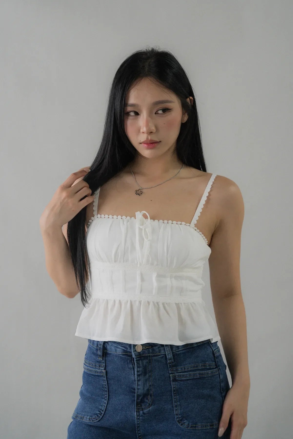 Ellie Ribbon Pintuck Padded Babydoll Top