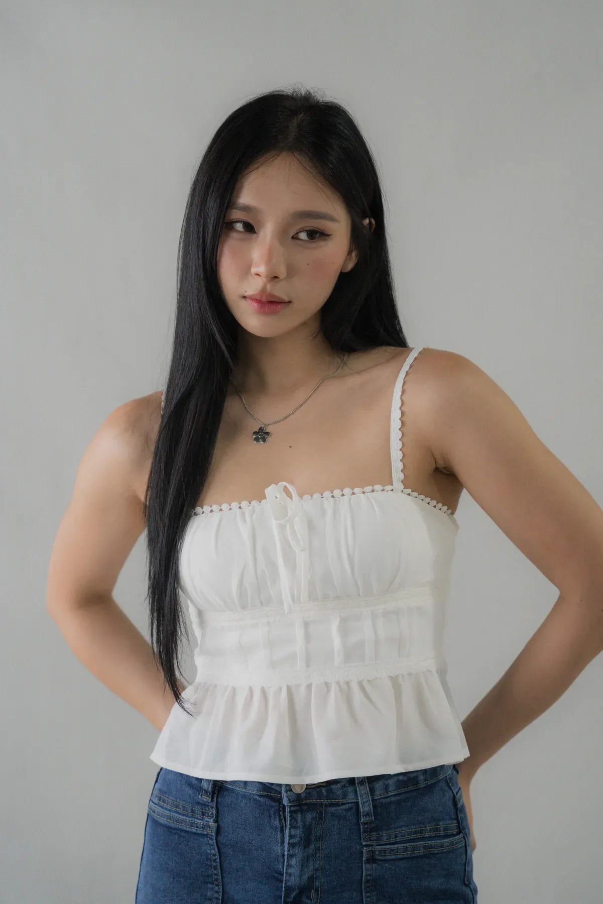 Ellie Ribbon Pintuck Padded Babydoll Top