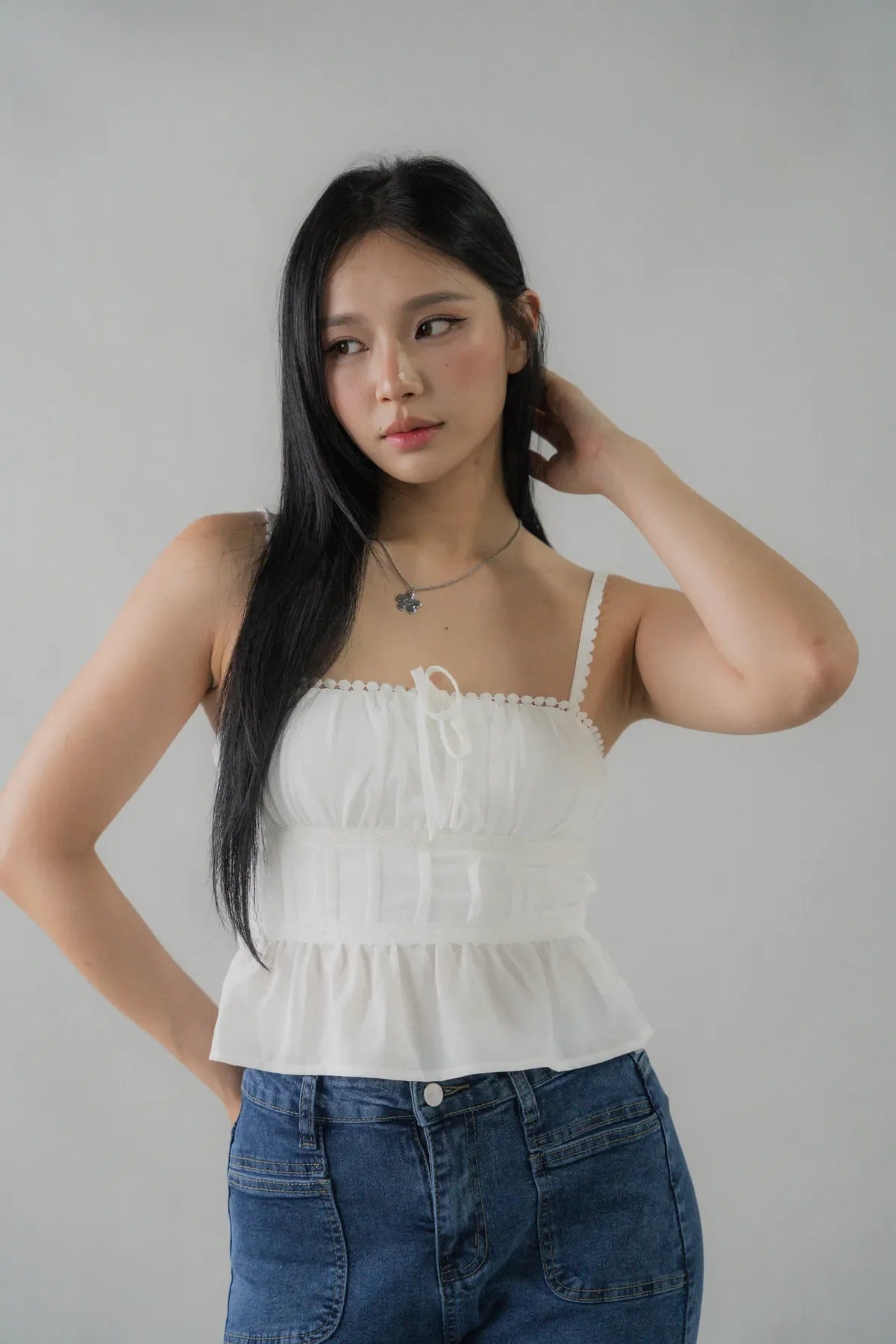 Ellie Ribbon Pintuck Padded Babydoll Top