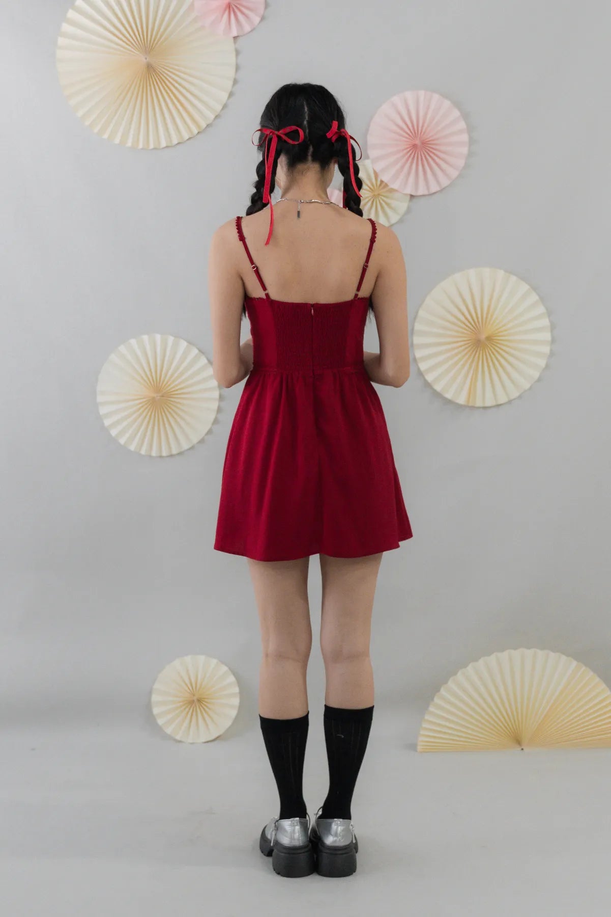 Elysia Ribbon Pintuck Padded Mini Romper Dress