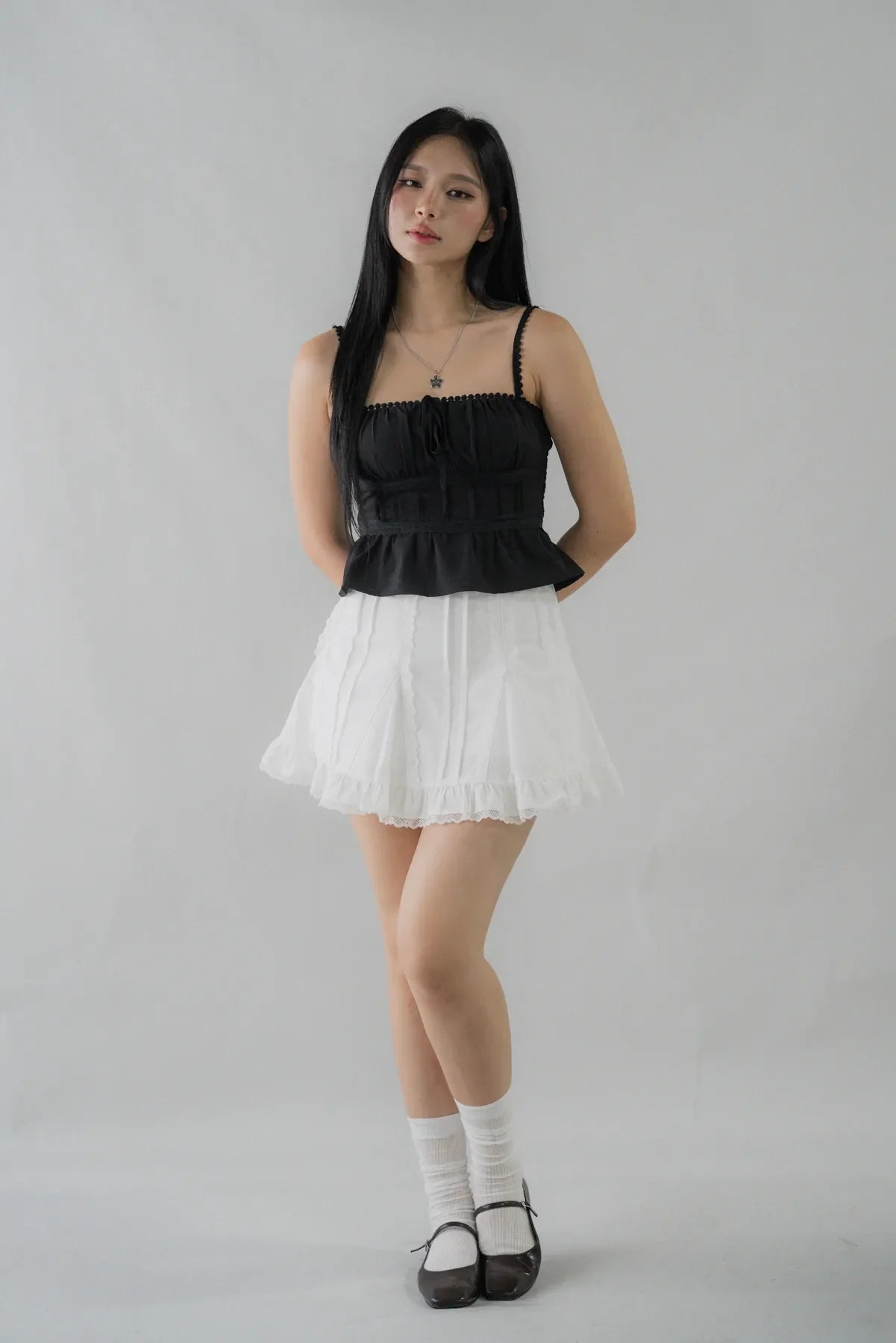 Ellie Ribbon Pintuck Padded Babydoll Top