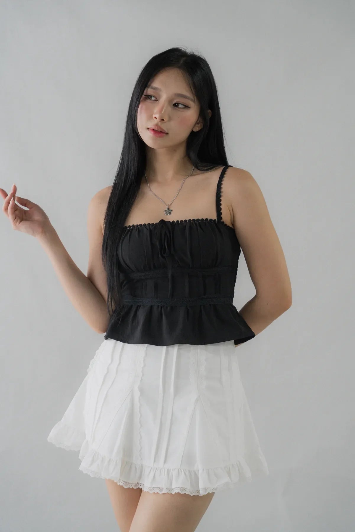 Ellie Ribbon Pintuck Padded Babydoll Top