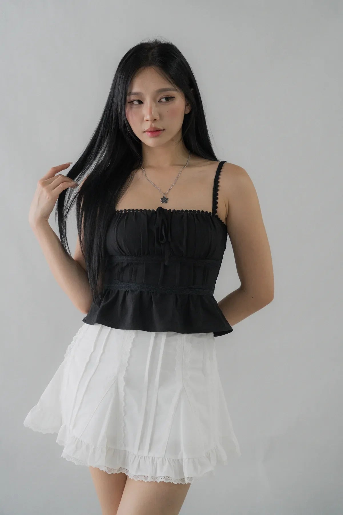 Ellie Ribbon Pintuck Padded Babydoll Top