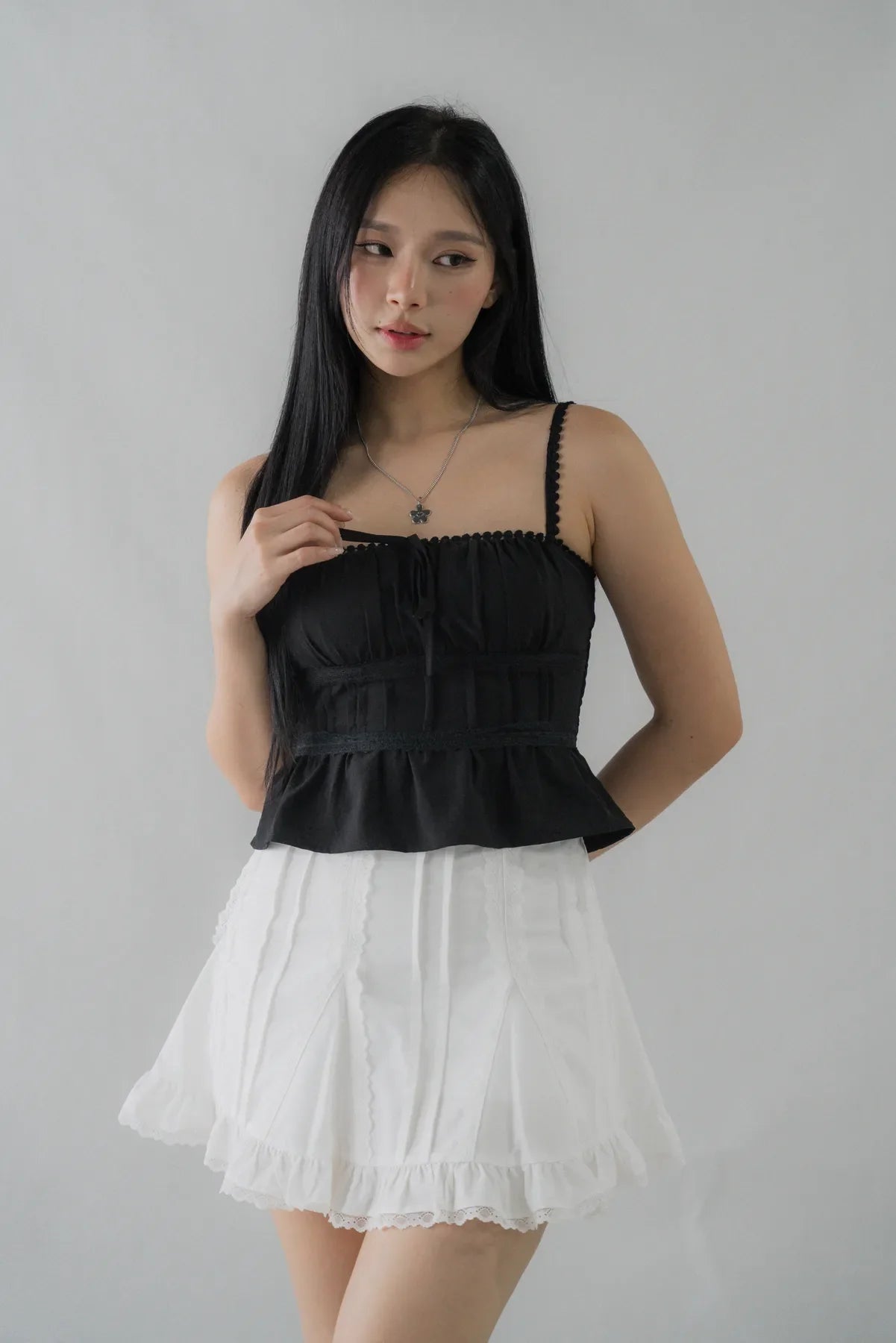 Ellie Ribbon Pintuck Padded Babydoll Top