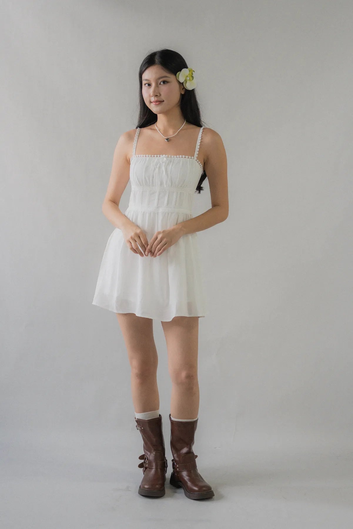 (Backorder) Elysia Ribbon Pintuck Padded Mini Romper Dress