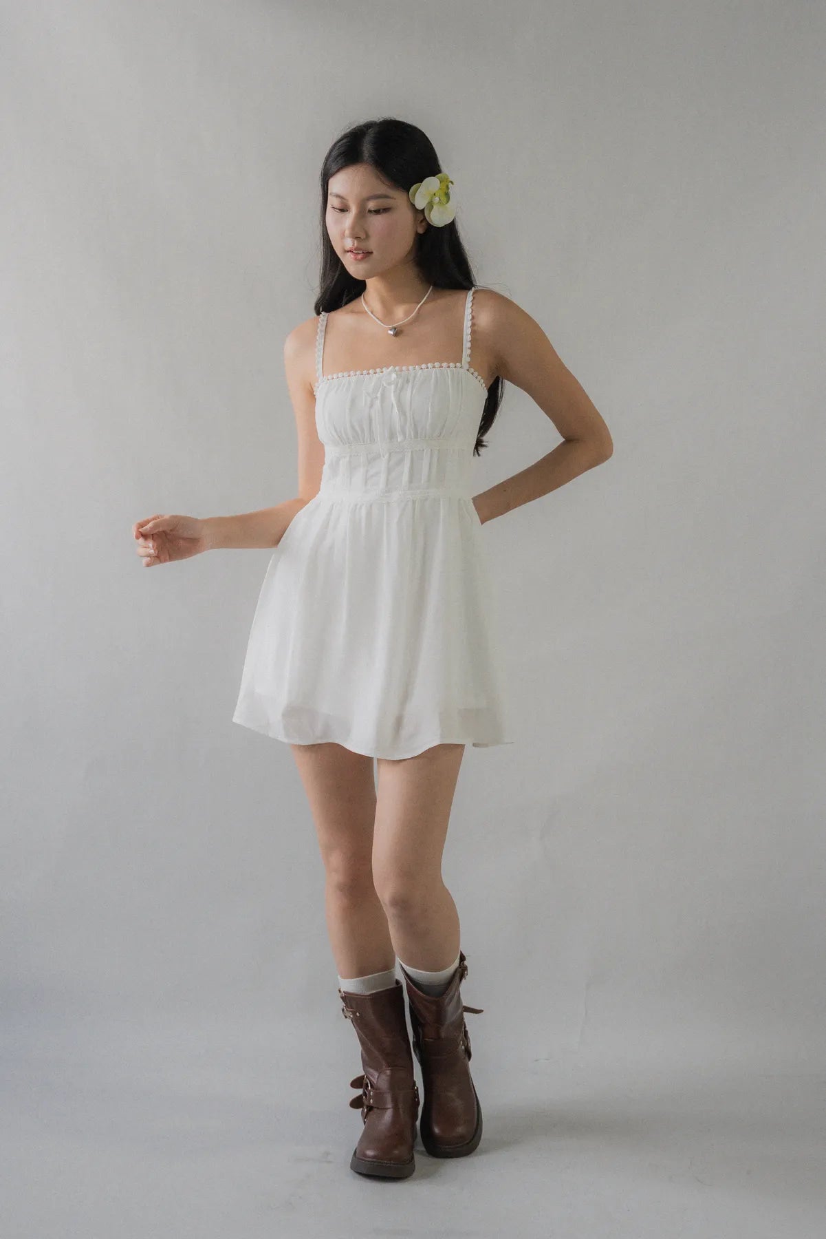 (Backorder) Elysia Ribbon Pintuck Padded Mini Romper Dress