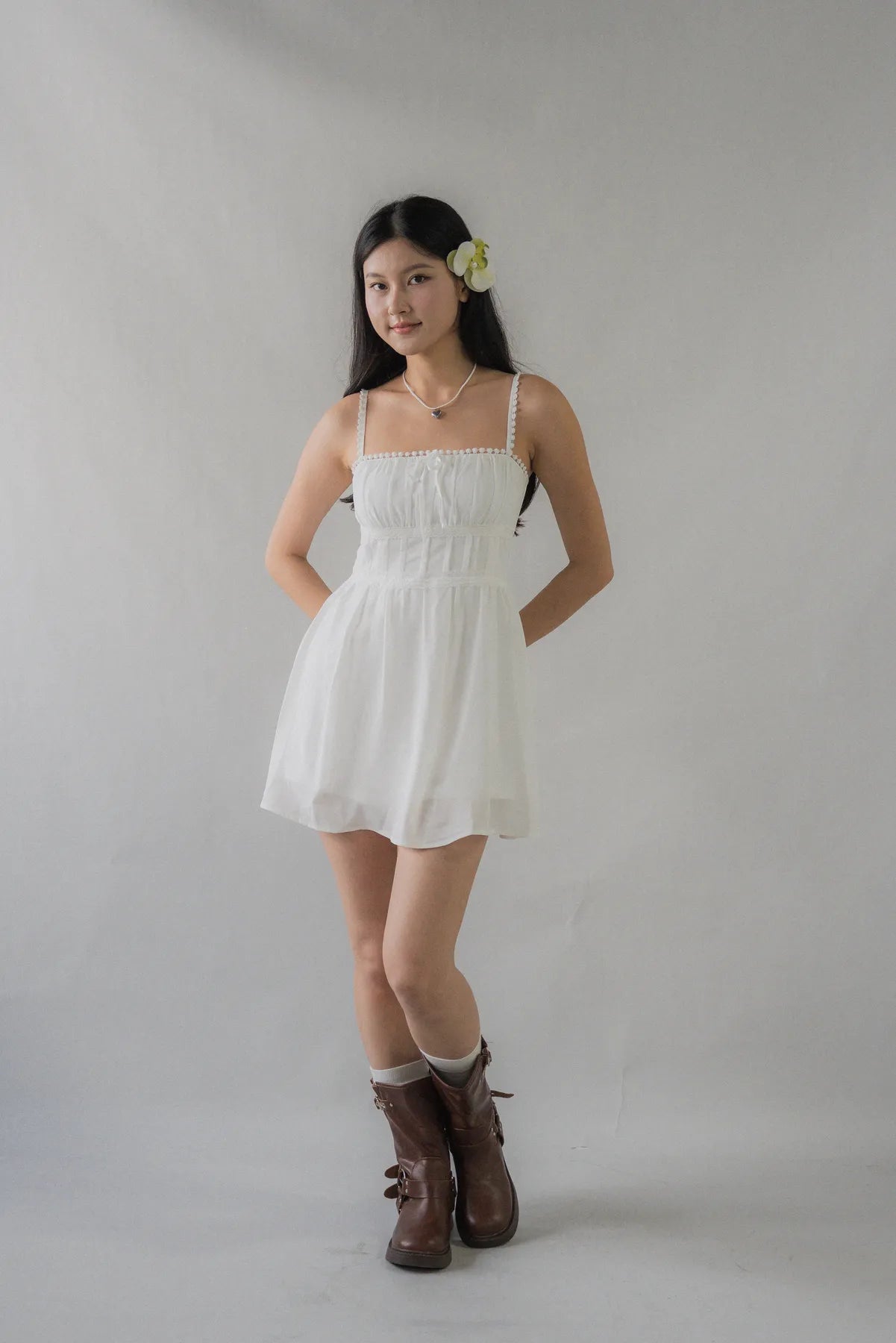 (Backorder) Elysia Ribbon Pintuck Padded Mini Romper Dress