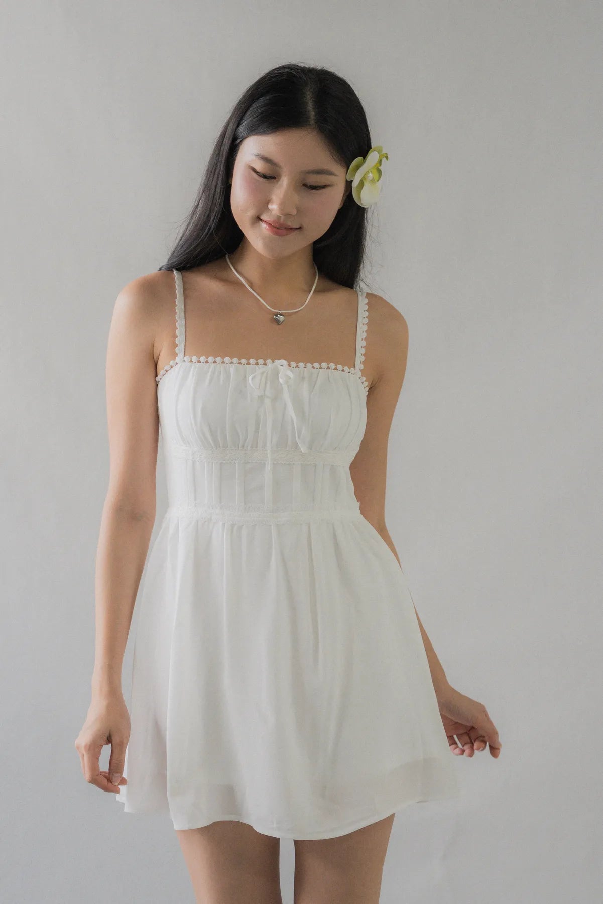 (Backorder) Elysia Ribbon Pintuck Padded Mini Romper Dress