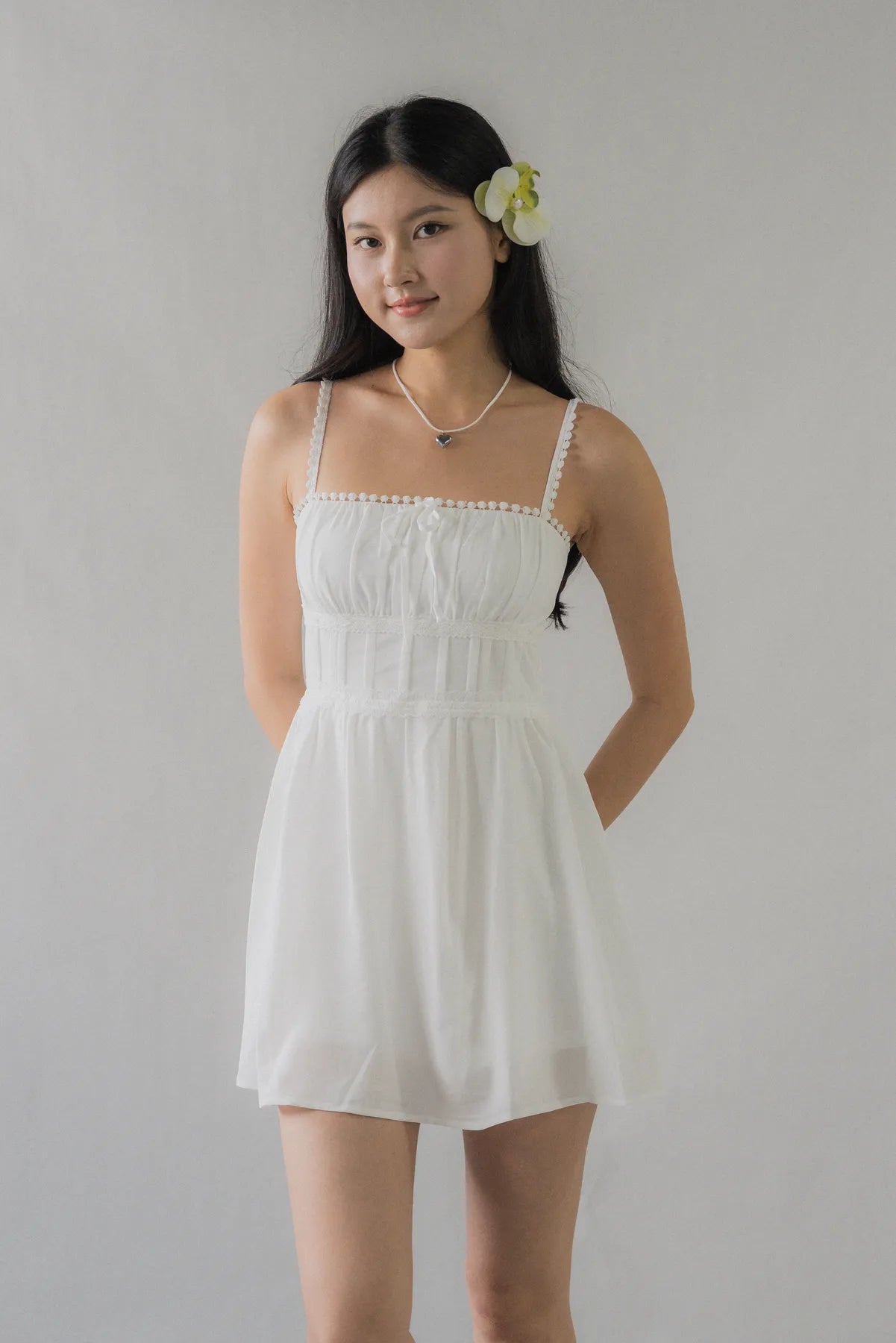(Backorder) Elysia Ribbon Pintuck Padded Mini Romper Dress