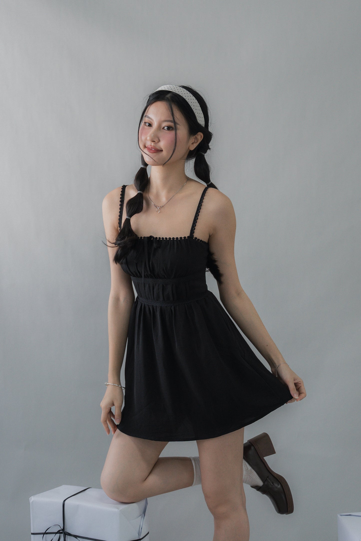 Elysia Ribbon Pintuck Padded Mini Romper Dress