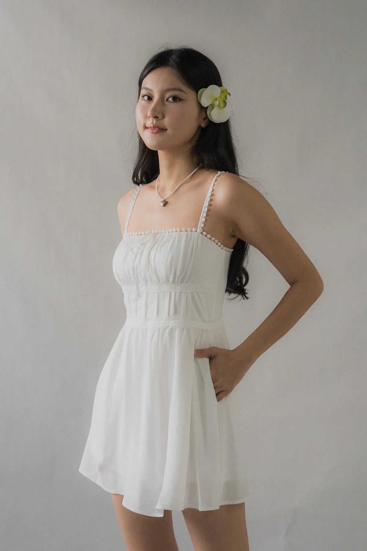 (Backorder) Elysia Ribbon Pintuck Padded Mini Romper Dress