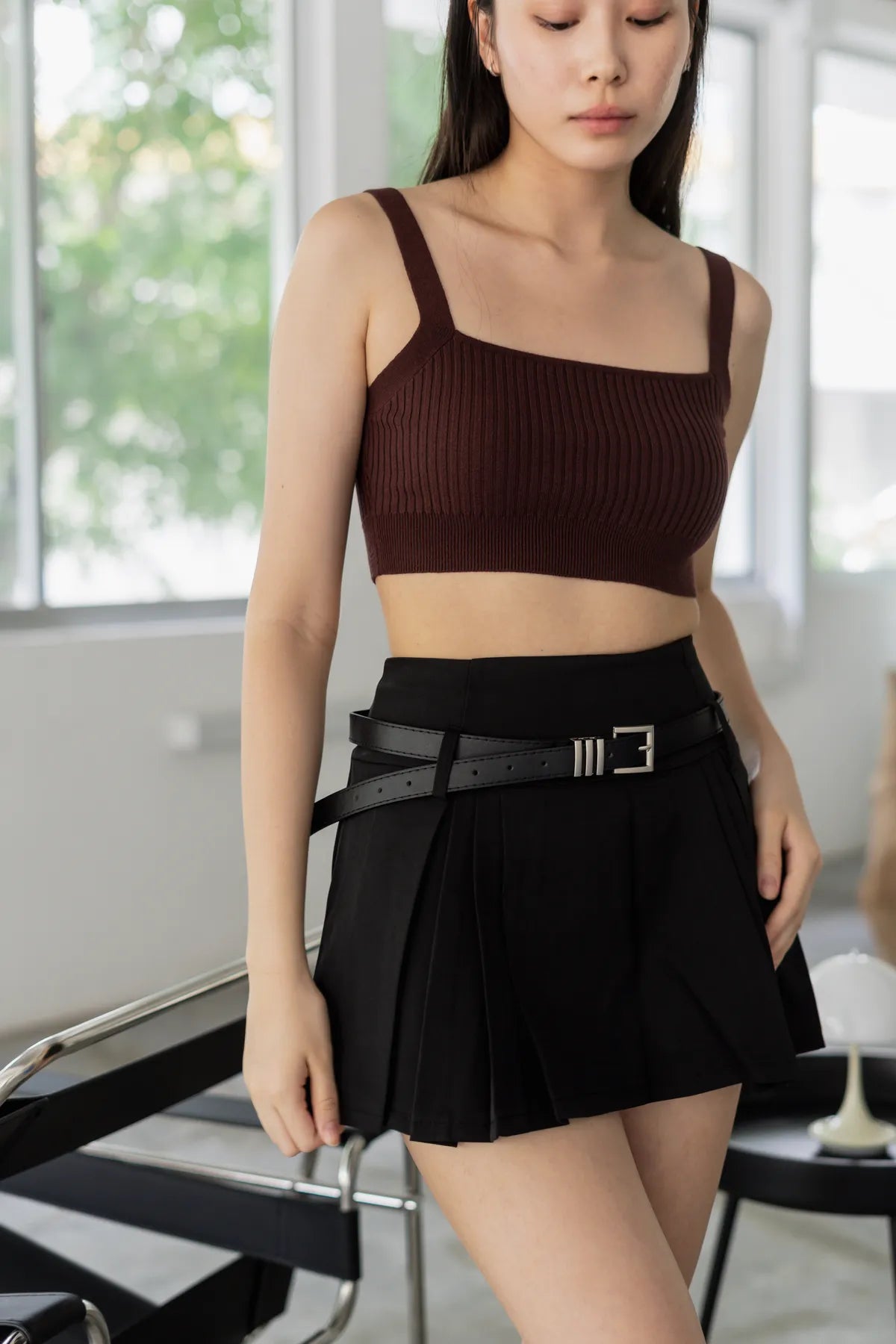 Carly Front Pleat A-Line Belted Mini Skort