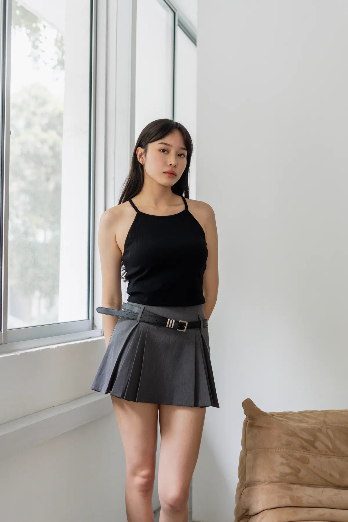 Carly Front Pleat A-Line Belted Mini Skort