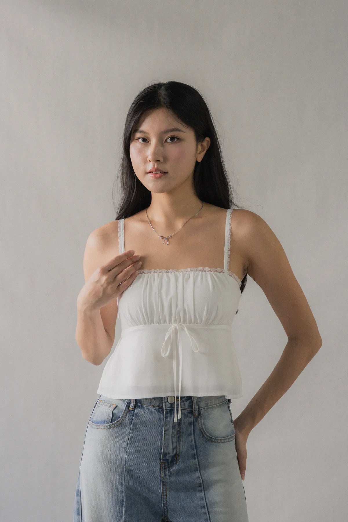 Kiara Lace Trim Ribbon Padded Babydoll Top