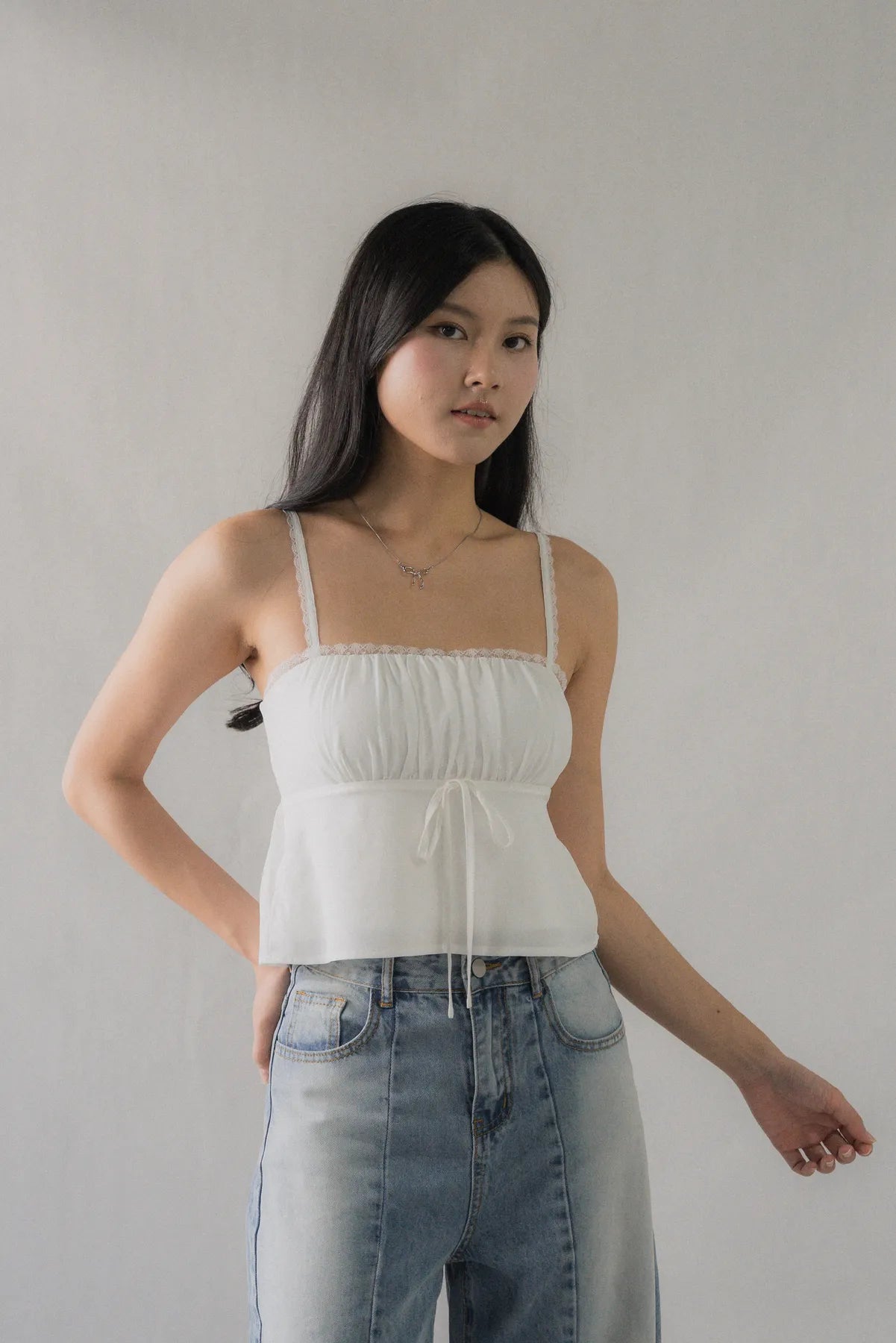 Kiara Lace Trim Ribbon Padded Babydoll Top