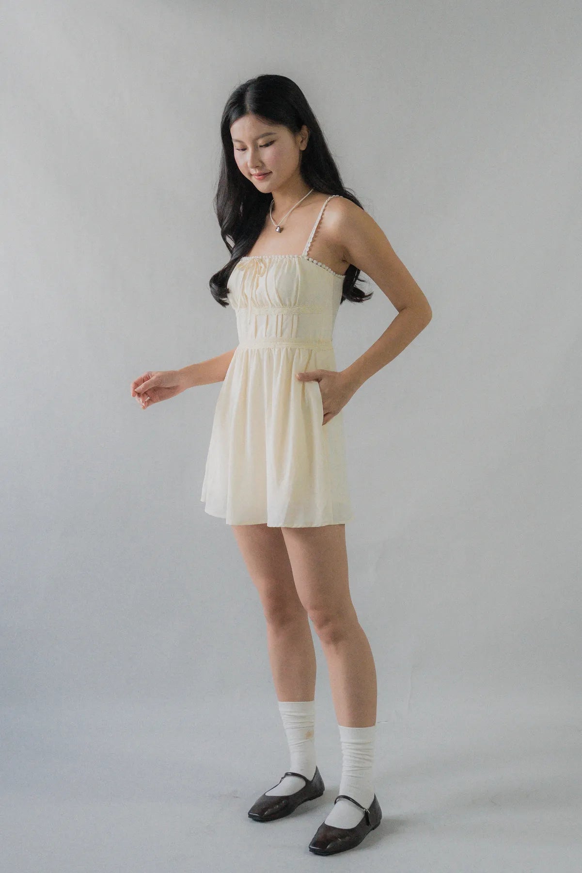 (Backorder) Elysia Ribbon Pintuck Padded Mini Romper Dress