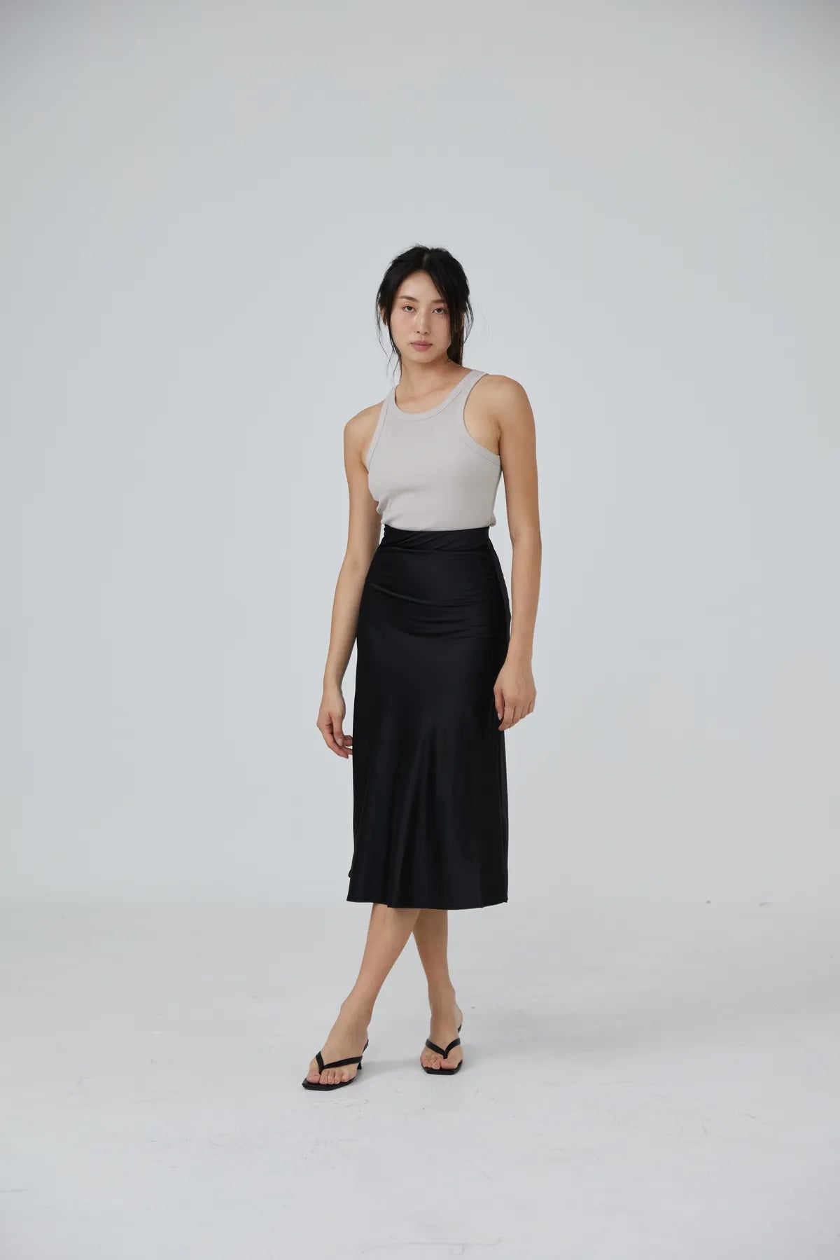 Backorder Iris Satin Swing Midi Skirt Black LIKKA