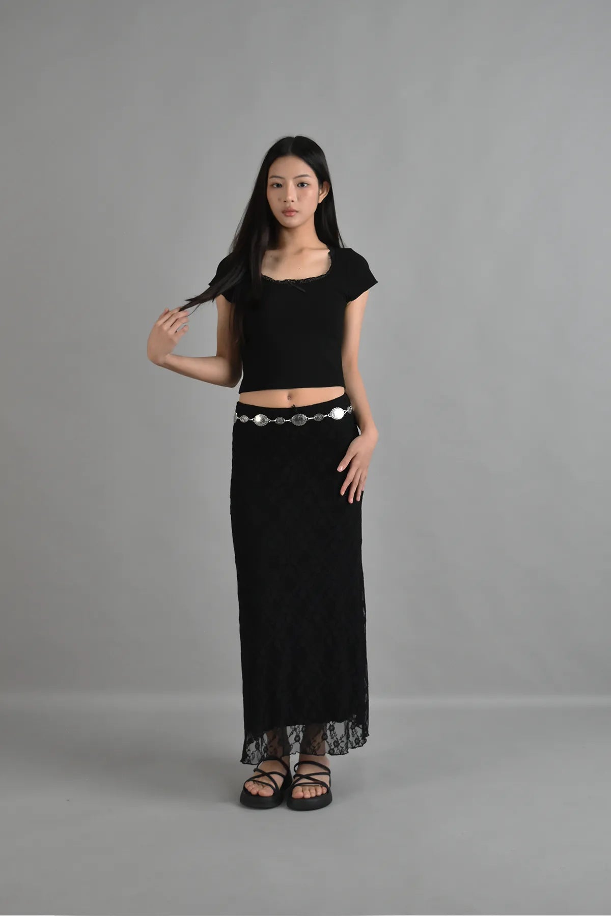 Rosie Lace Bias Cut Maxi Skirt in Black