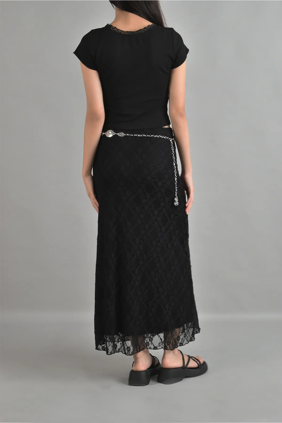 Rosie Lace Bias Cut Maxi Skirt in Black