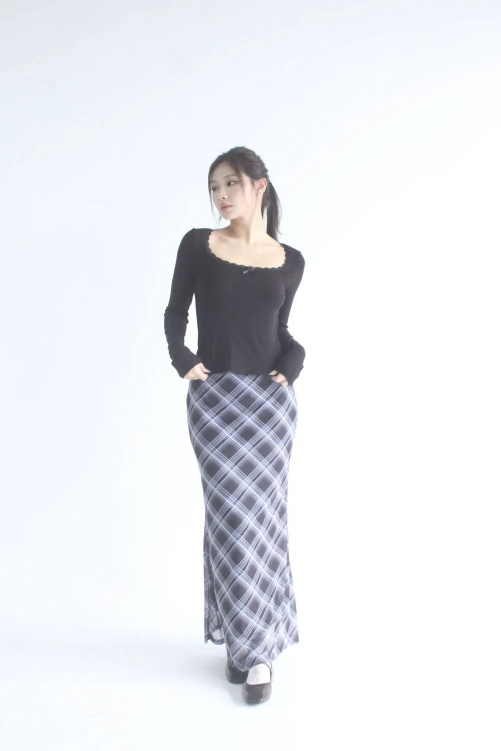 Darcy Elastic Waist Long Plaid Skirt