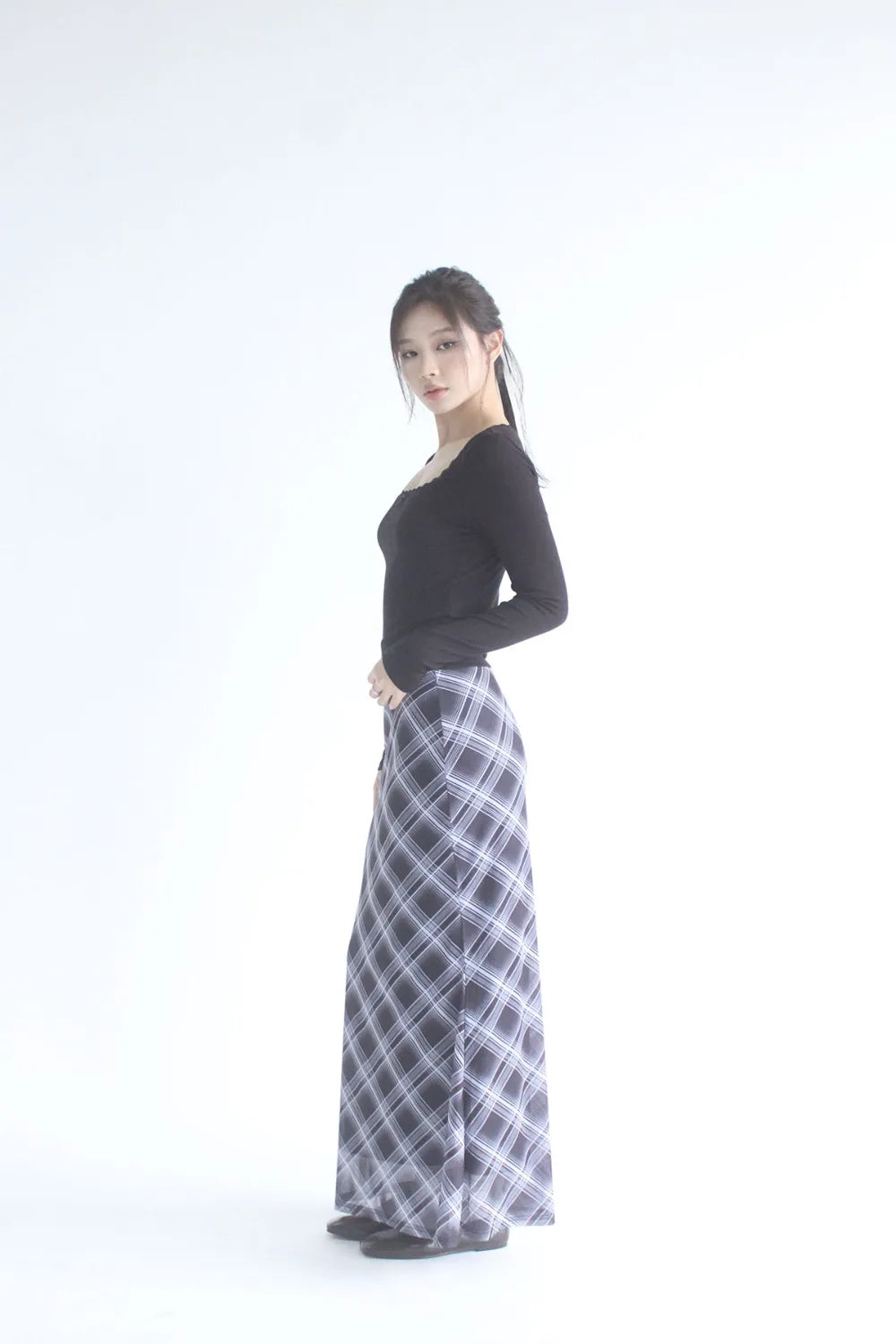 Darcy Elastic Waist Long Plaid Skirt