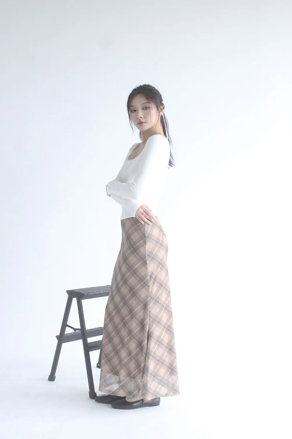 Darcy Elastic Waist Long Plaid Skirt