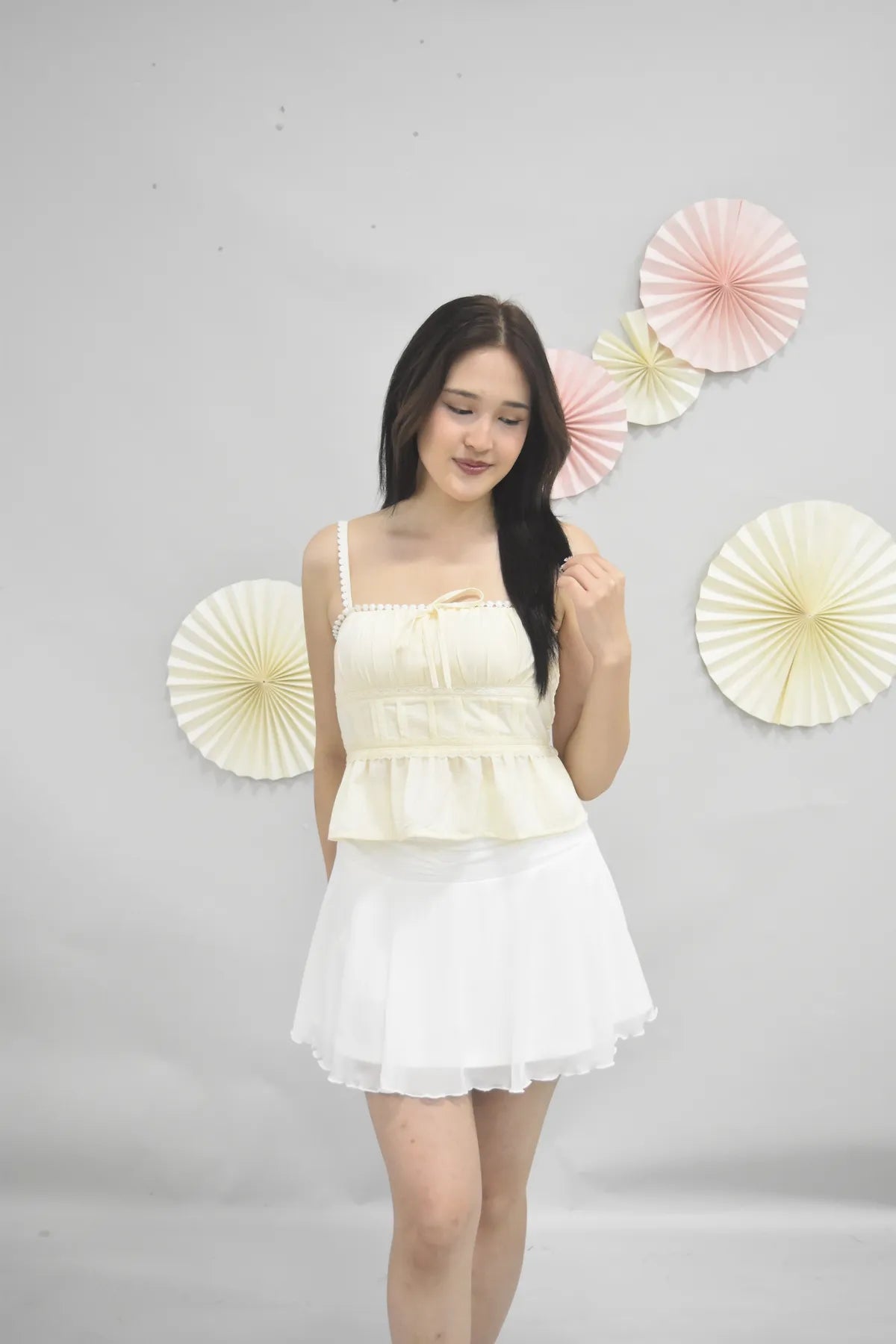 Ellie Ribbon Pintuck Padded Babydoll Top