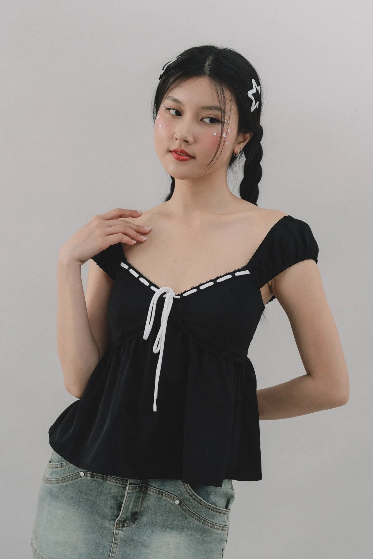 Polly Contrast Trim Padded Sleeved Top