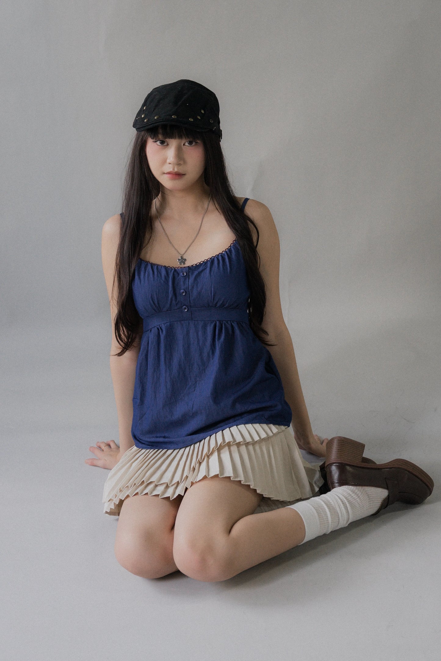 Sydney Scallop Trim Padded Button Tank Top