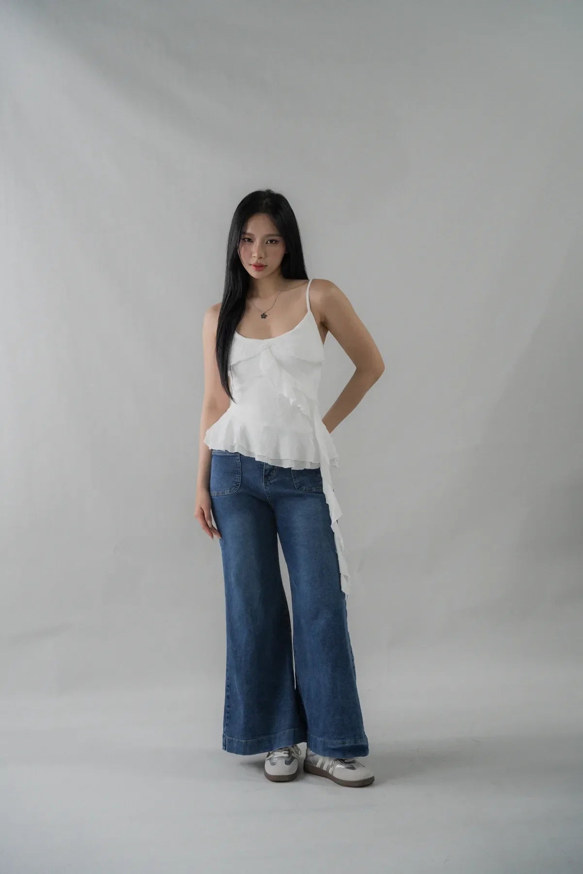 Danica Distressed Padded Longline Frills Top