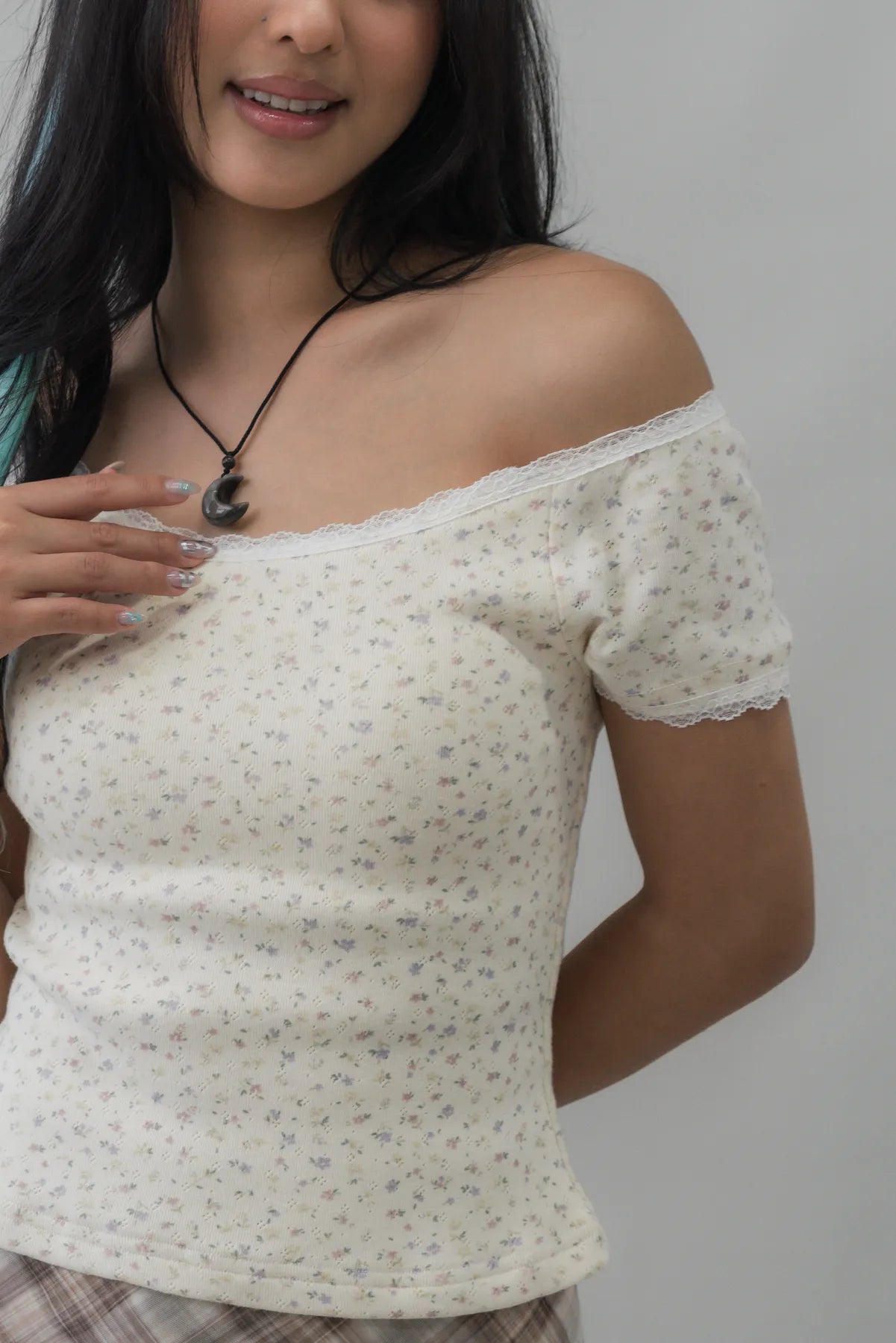 Valerie Pointelle Off Shoulder Short Sleeve Top
