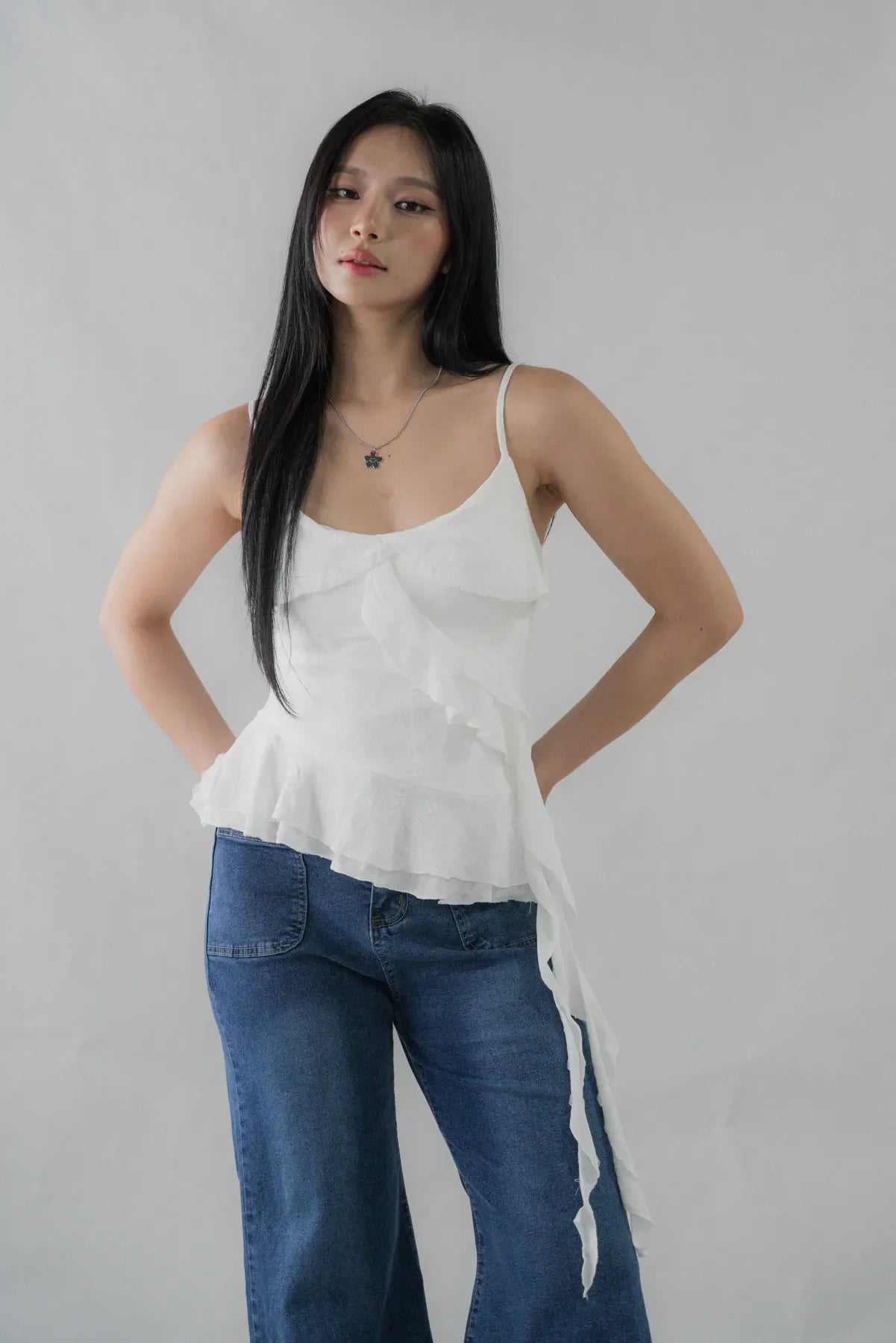 Danica Distressed Padded Longline Frills Top