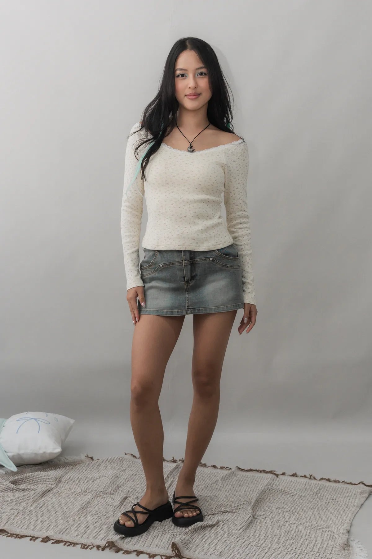 Valerie Pointelle Off Shoulder Long Sleeve Top