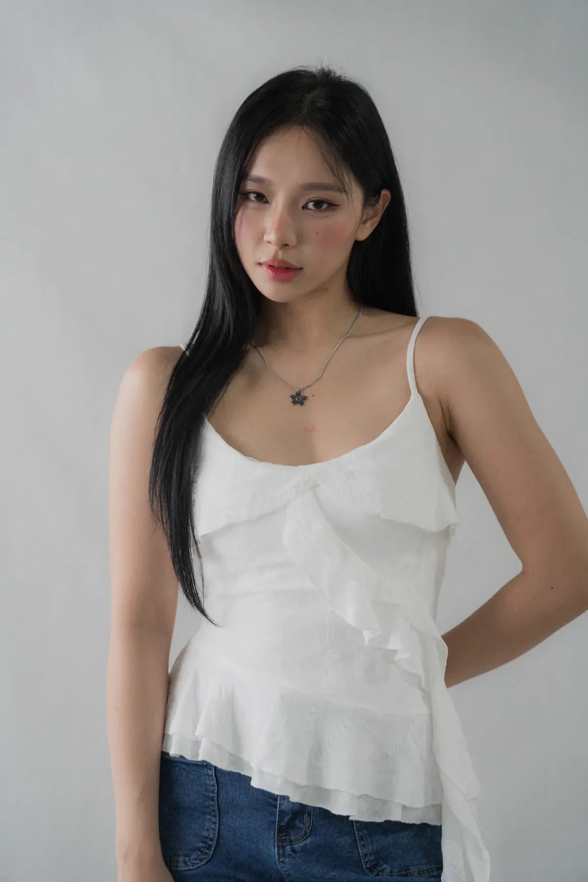Danica Distressed Padded Longline Frills Top