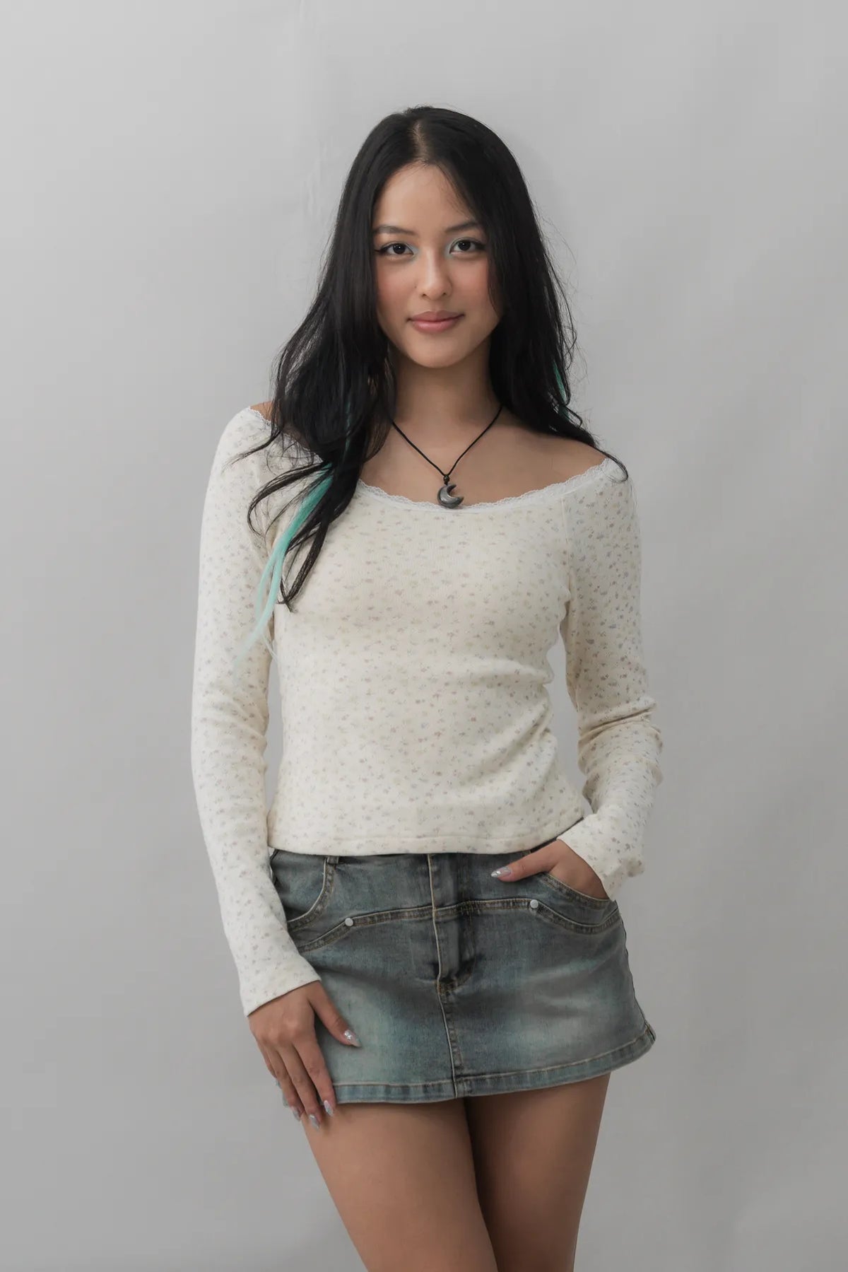 Valerie Pointelle Off Shoulder Long Sleeve Top