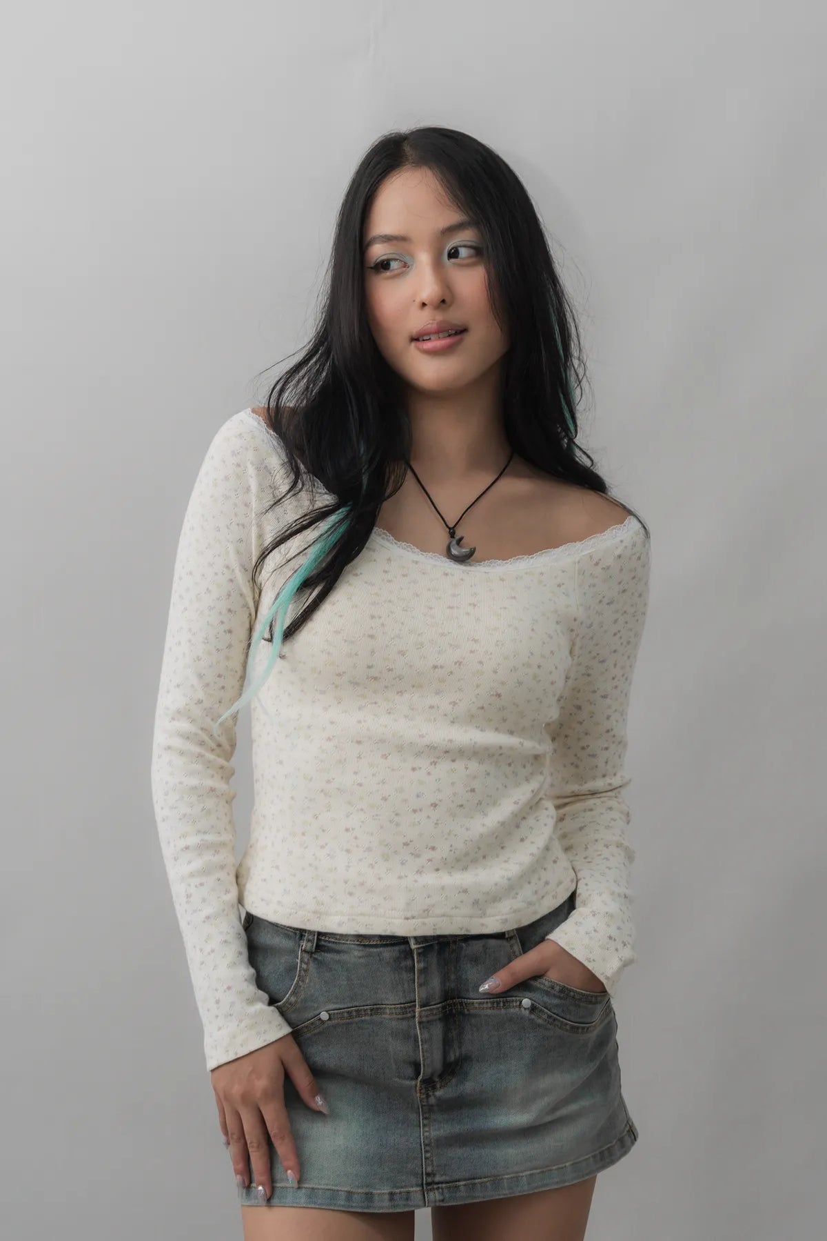 Valerie Pointelle Off Shoulder Long Sleeve Top