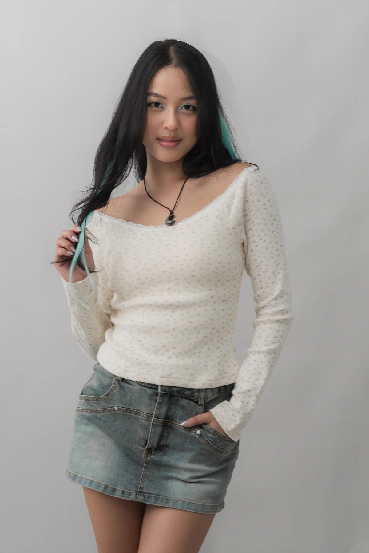 Valerie Pointelle Off Shoulder Long Sleeve Top