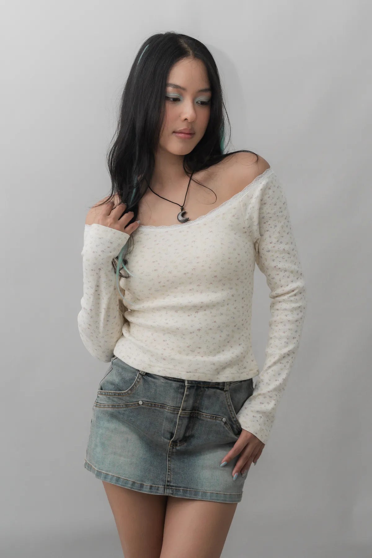 Valerie Pointelle Off Shoulder Long Sleeve Top