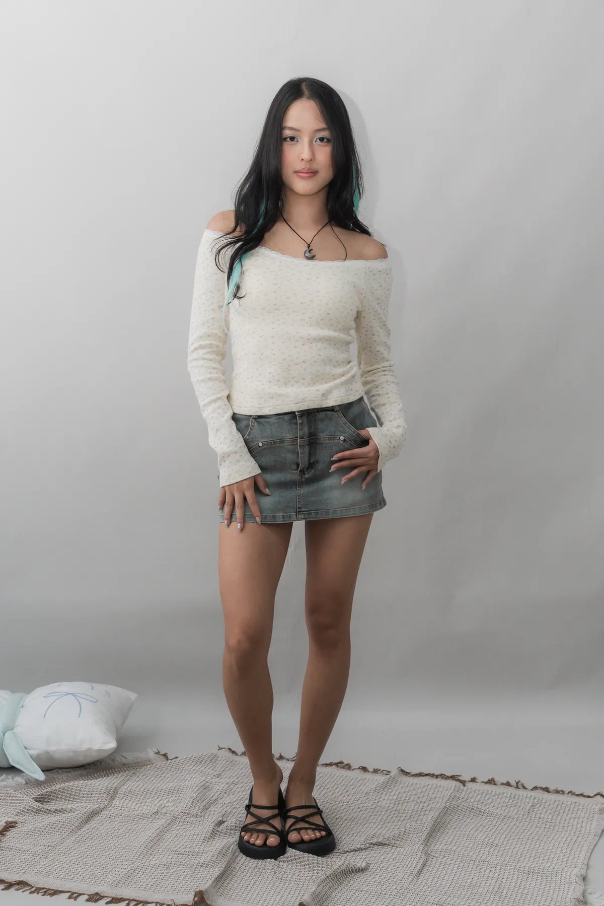 Valerie Pointelle Off Shoulder Long Sleeve Top