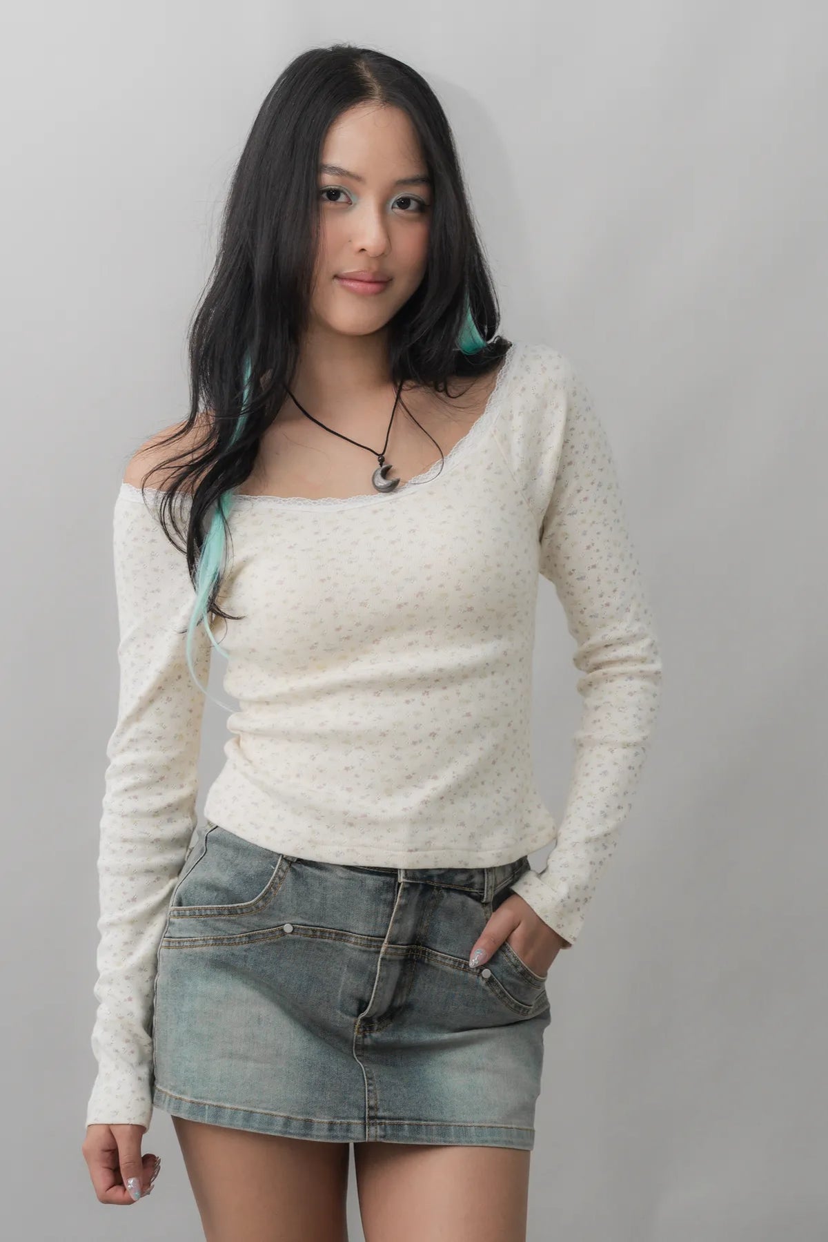 Valerie Pointelle Off Shoulder Long Sleeve Top